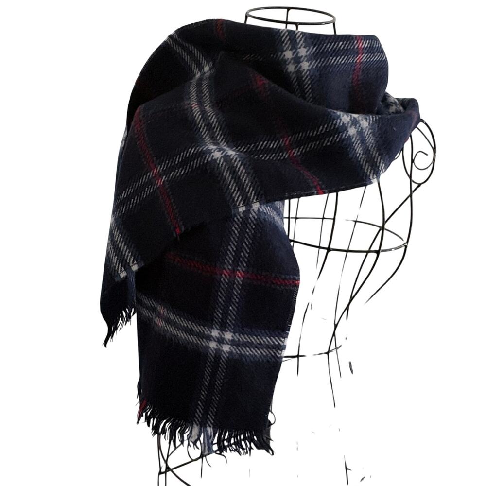 Vintage Lord & Taylor Navy Cashmere Tartan Plaid Fringe Scarf Retro Preppy